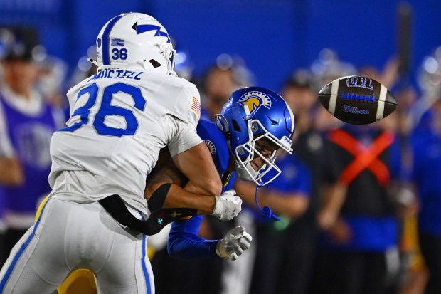 San Jose State's Danny Scudero (10) fails to catch a pass while being guarded by Air Force's Max Mustell (36) in the fourth quarter of their game at San Jose State University in San Jose, Calif., on Saturday, Nov. 8, 2025. Air Force defeated San Jose State 26-16. (Jose Carlos Fajardo/Bay Area News Group)