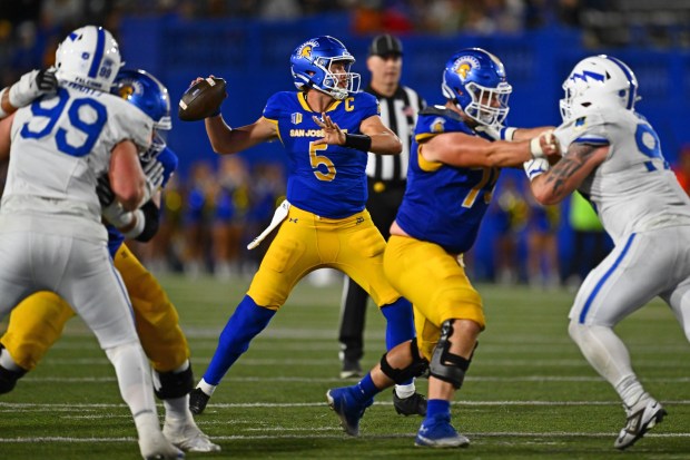 San Jose State quarterback Walker Eget (5) throws a pass while playing Air Force in the fourth quarter of their game at San Jose State University in San Jose, Calif., on Saturday, Nov. 8, 2025. Air Force defeated San Jose State 26-16. (Jose Carlos Fajardo/Bay Area News Group)