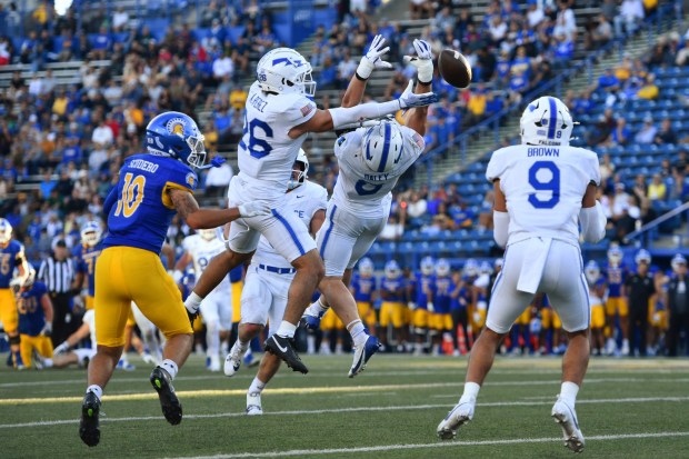 Air Force's Levi Brown (9) intercepts a pass thrown by San Jose State quarterback Walker Eget (5) in the second quarter of their game at San Jose State University in San Jose, Calif., on Saturday, Nov. 8, 2025. (Jose Carlos Fajardo/Bay Area News Group)