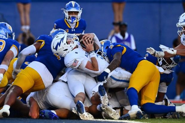Air Force quarterback Liam Szarka (9) runs for a one-yard touchdown against San Jose State in the second quarter of their game at San Jose State University in San Jose, Calif., on Saturday, Nov. 8, 2025. (Jose Carlos Fajardo/Bay Area News Group)