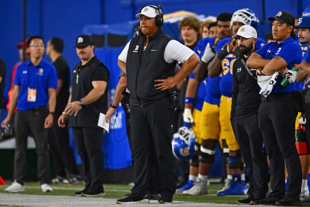 San Jose State head coach Ken Niumatalolo stands on the sideline while playing Air Force in the fourth quarter of their game at San Jose State University in San Jose, Calif., on Saturday, Nov. 8, 2025. Air Force defeated San Jose State 26-16. (Jose Carlos Fajardo/Bay Area News Group)