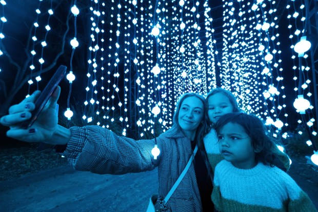 Alexia Delarosa takes a picture with her children Archie, 4, and Arlo, 2, as they walk through the mile long trail of light displays on Preview Night of the 3rd annual Lightscape, which starts Friday and goes until Jan. 5th, at the San Diego Botanical Gardens in Encinitas on Wednesday, November 13, 2024. (Hayne Palmour IV / For The San Diego Union-Tribune)