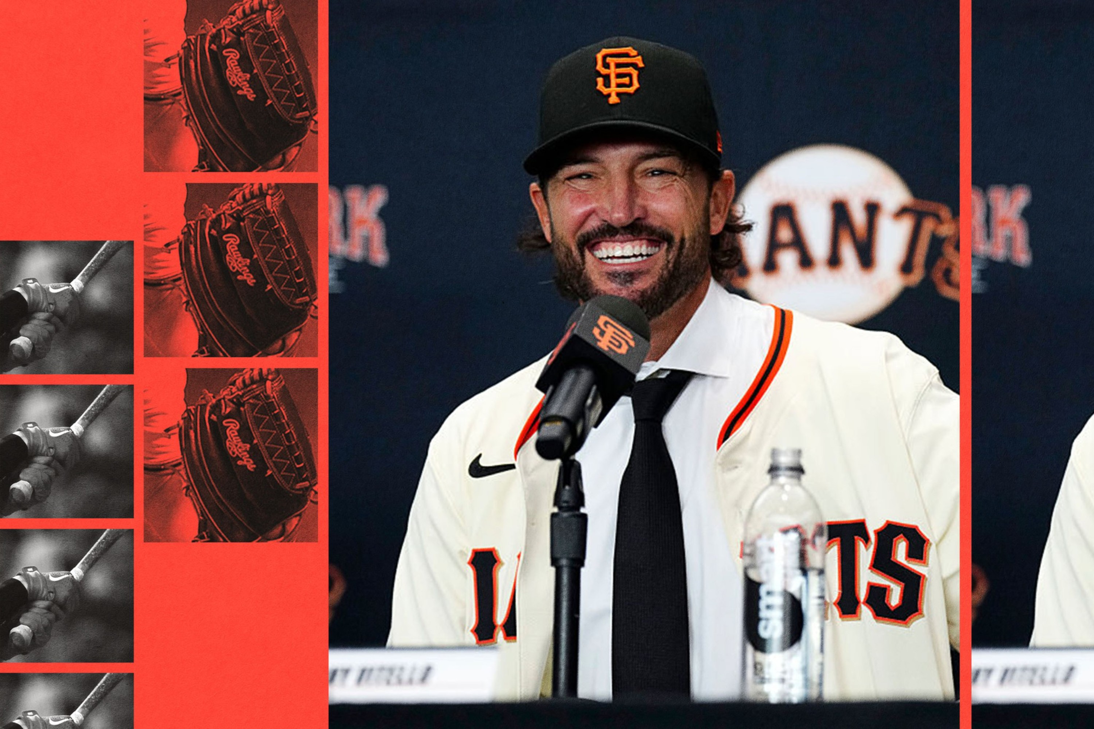 A smiling man wearing a San Francisco Giants baseball cap and jersey sits at a press conference microphone, with baseball-themed images in red and black on the side.