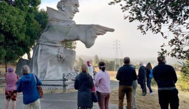San Francisco Archbishop Salvatore Cordileone joins Vigil participants on July 1, 2020, at the St. Junípero Serra Statue along I-280 in California.