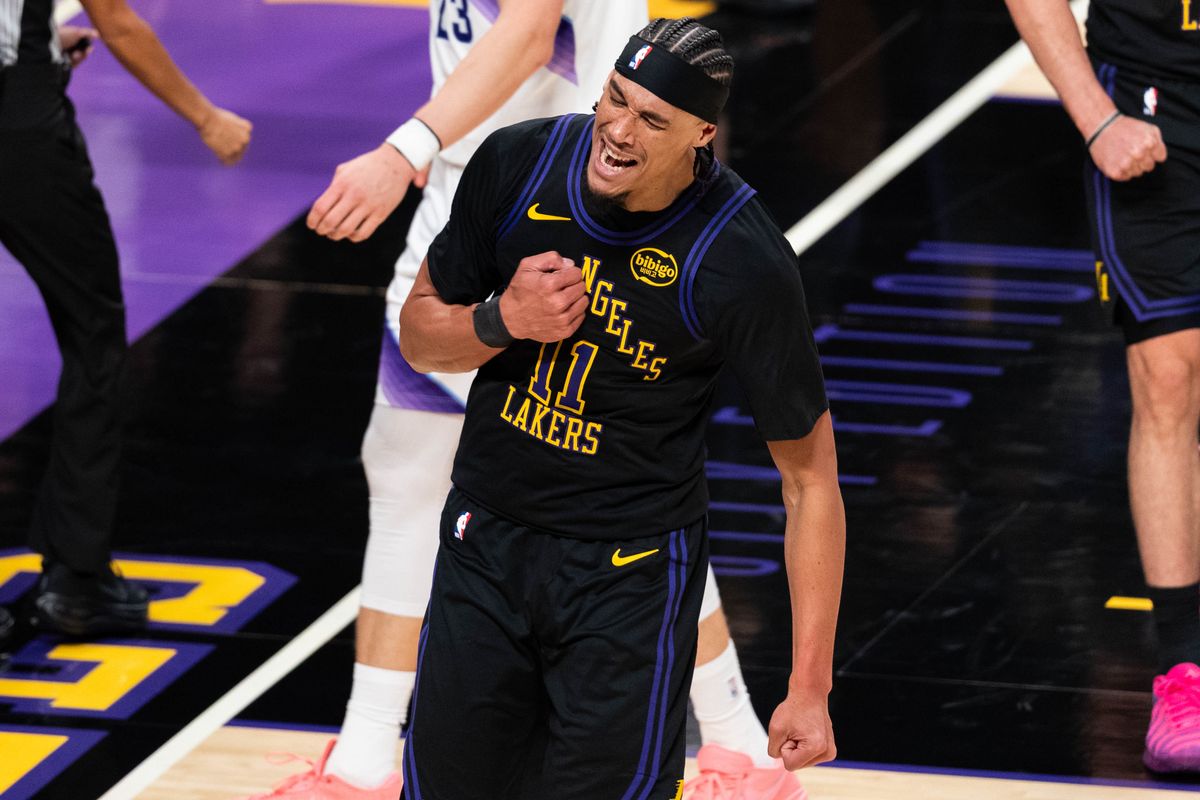 LA Lakers center Jaxson Hayes (11), celebrating an And-1 at an NBA basketball game against the Utah Jazz,Tuesday November 18th, 2025 in Los Angeles California