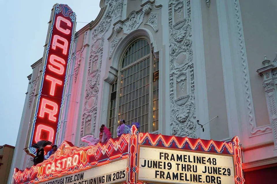 The Castro Theatre blade sign is lit after getting an upgrade, during opening night of the Frameline LGBTQ+ Film Festival in the Castro District in San Francisco, Calif. on Wednesday, June 19, 2024. Opening night of the largest and oldest such fest in the world featured a special Juneteenth celebration. (Loren Elliott/Special to The Chronicle)