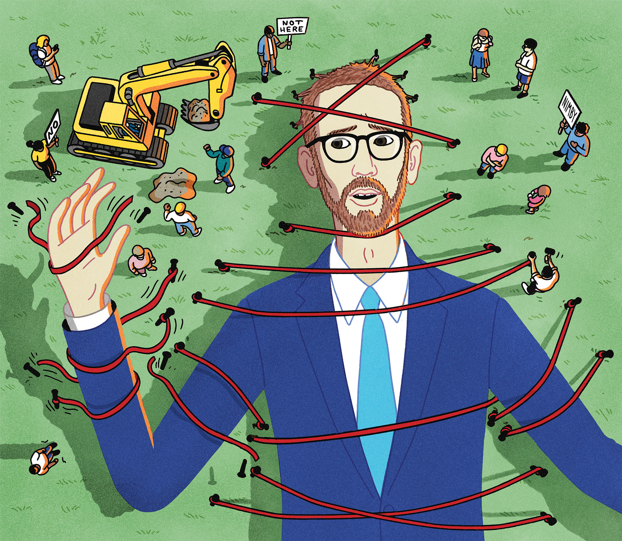 A humorous cartoon illustration of a large, middle-aged, bearded man in a suit, tie, and glasses lying on his back. He's tied down with ribbons of red tape and appears to be lifting his right hand, breaking himself free. He's surrounded by a backhoe and about a dozen small people, evocative of the Lilliputians in "Gulliver's Travels" by Jonathan Swift. A few hold signs in protest, which read, "No, "Not Here," and "NIMBY."
