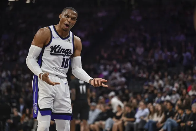 Nov 9, 2025; Sacramento, California, USA; Sacramento Kings guard Russell Westbrook (18) reacts during the second quarter against the Minnesota Timberwolves at Golden 1 Center.