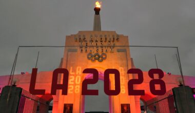 An LA 2028 sign is seen in front of the Olympic cauldron at the Los Angeles Memorial Coliseum on Sept. 13, 2017. (AP Photo/Richard Vogel, File)