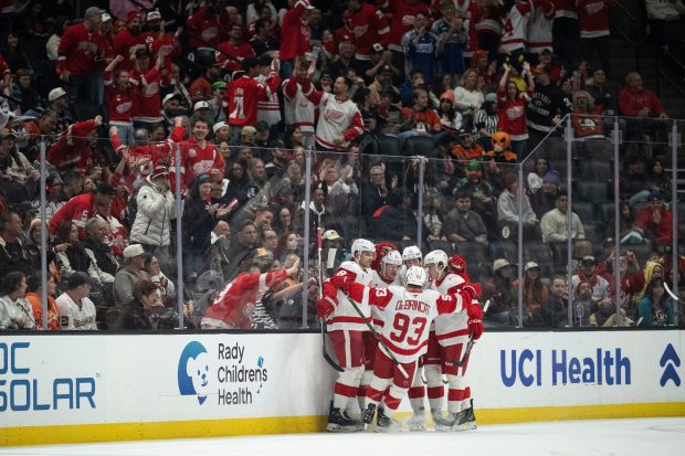 Detroit Red Wings players celebrate a goal by left wing...