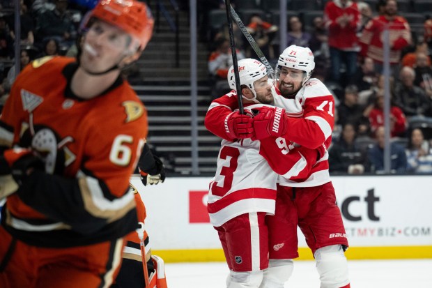Detroit Red Wings right wing Alex Debrincat (93) celebrates after...