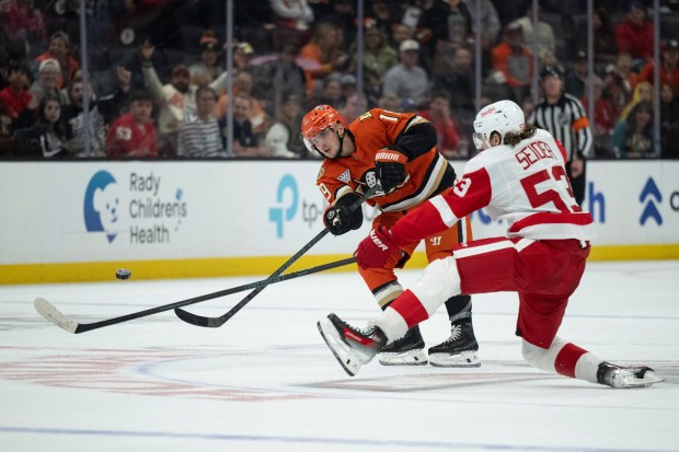 Ducks right wing Troy Terry (19) shoots for an empty-net...