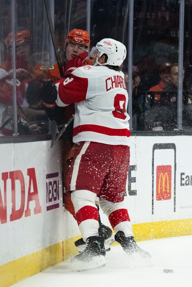 Detroit Red Wings defenseman Ben Chiarot (8) checks Ducks right...