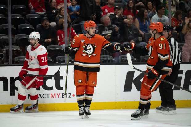 Ducks right wing Troy Terry (19) celebrates his empty-net goal...