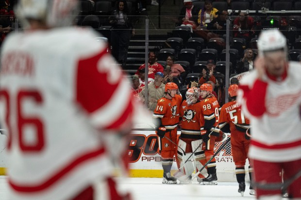 Ducks defenseman Drew Helleson, left, goaltender Lukas Dostal, center, and...