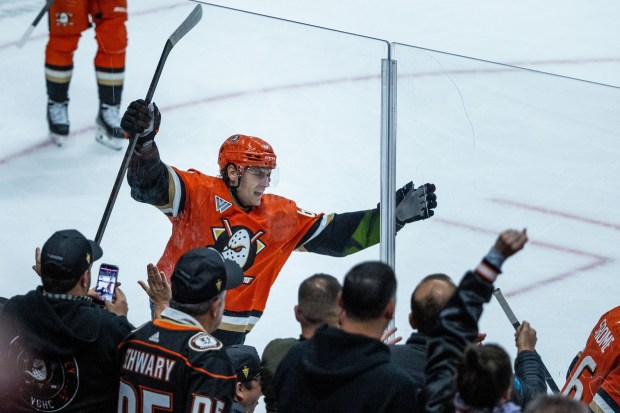 Ducks center Ryan Strome reacts after scoring a goal during...