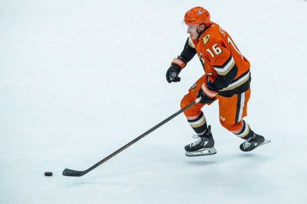 Ducks center Ryan Strome controls the puck during the second...