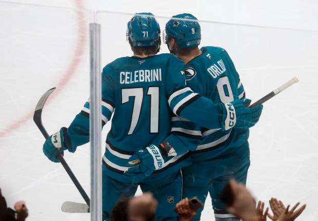 San Jose Sharks’ Macklin Celebrini (71) celebrates his goal with...