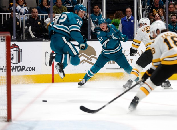 San Jose Sharks’ Collin Graf (51) scores an empty net...