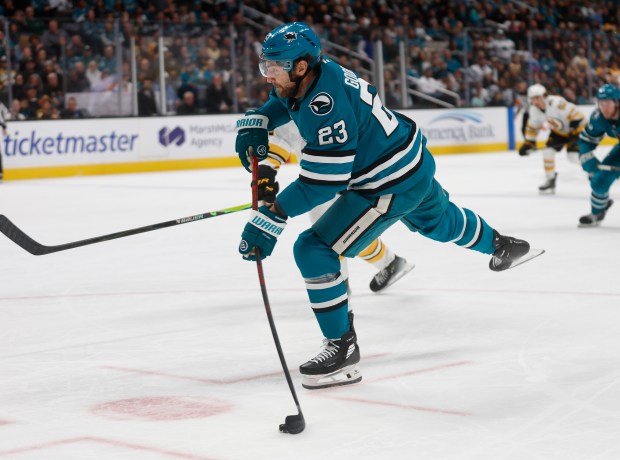 San Jose Sharks’ Barclay Goodrow (23) takes a shot on...