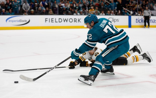San Jose Sharks’ William Eklund (72) takes a shot on...