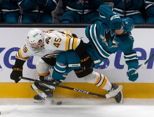 San Jose Sharks’ Ty Dellandrea (10) fights for the puck...