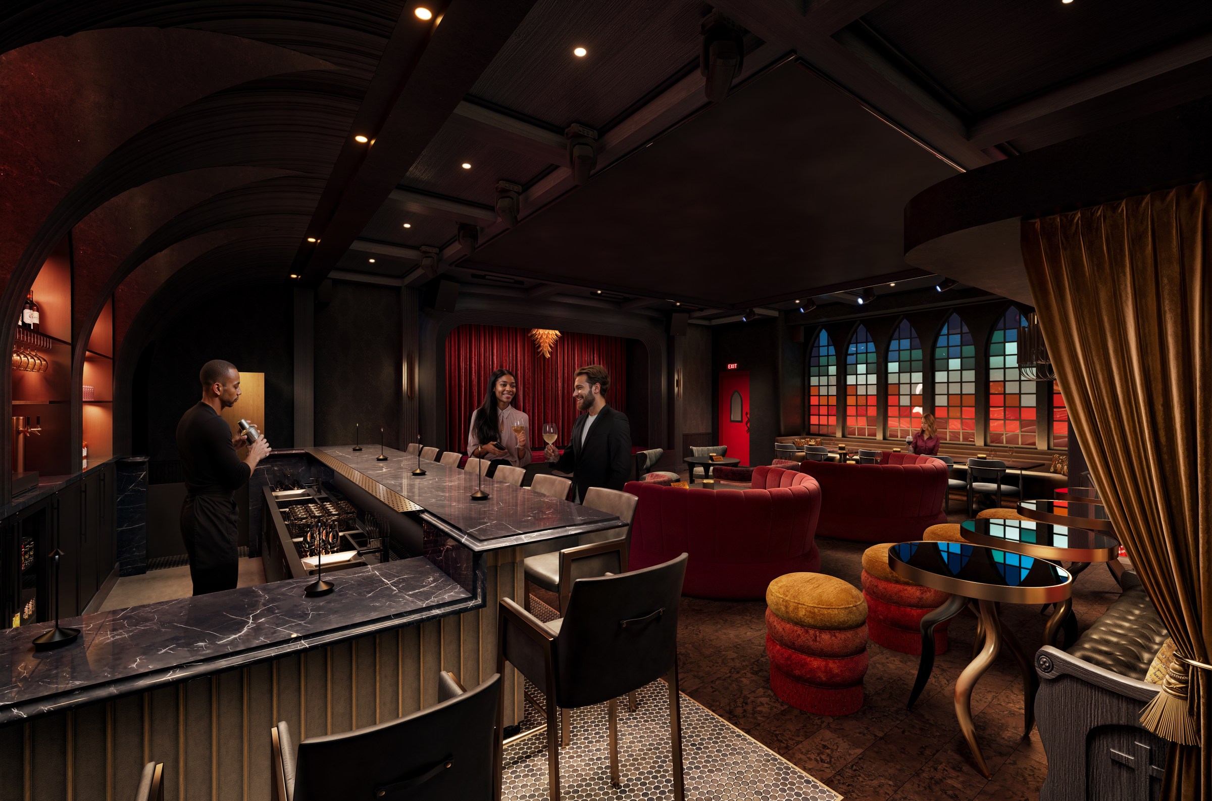 A rendering of the interior of Dante’s Inferno, with stained glass windows in the background and patrons at the bar.