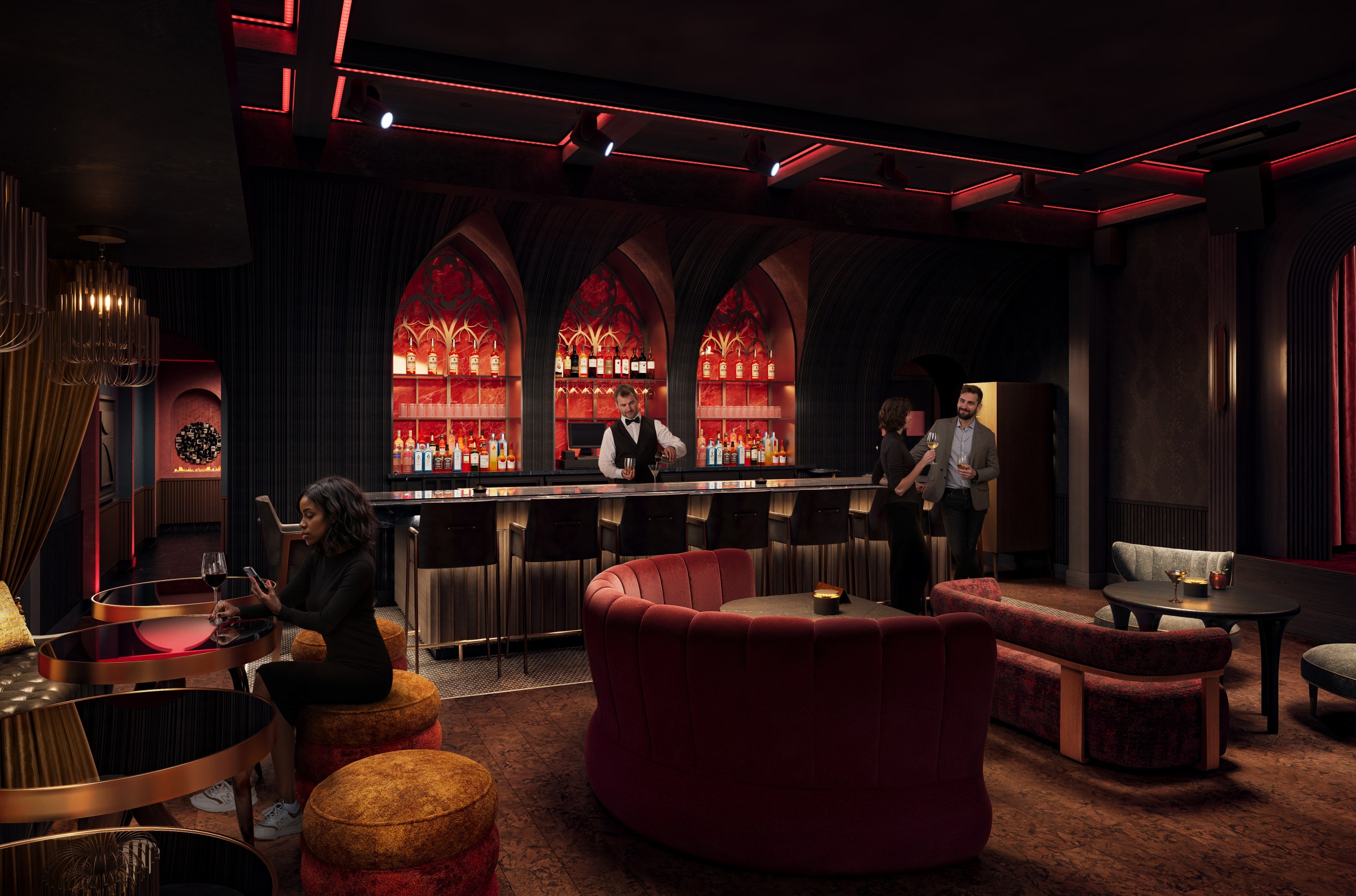 A rendering of the interior of Dante’s Inferno, showing a bar with three arches, plus seating in the foreground.