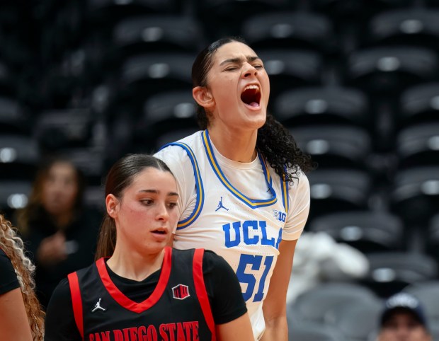 UCLA center Lauren Betts celebrates scoring a basket against San Diego State in the Orange County Hoops Classic in Anaheim on Monday, Nov. 3, 2025. (Photo by Paul Rodriguez, Contributing Photographer)