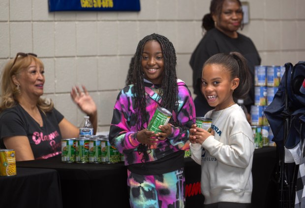 Volunteers Ryan Dukes, 9, left, and her cousin Olivia Glenn,...