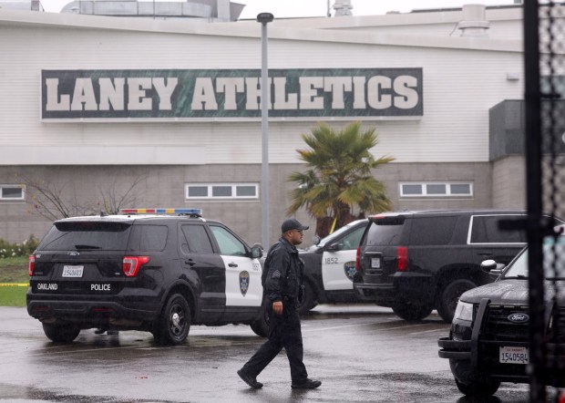 Oakland police investigate a fatal shooting at Laney College in Oakland, Calif., on Thursday, April 13, 2025. Legendary football coach and Laney College Athletic Director John Beam was shot and killed. (Jane Tyska/Bay Area News Group)
