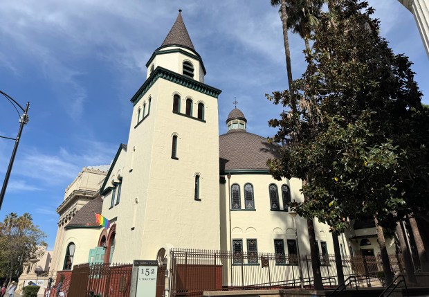 The bell tower of the First Unitarian Church of San...
