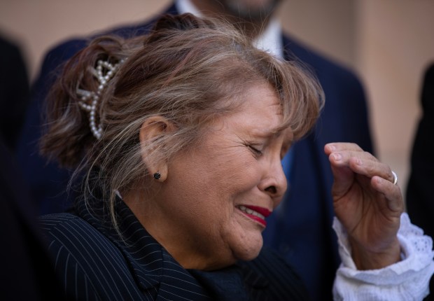 Cecilia Bach becomes emotional during a press conference about her late husband on Thursday, Oct. 24, 2024 in San Diego. Keith Bach died in San Diego County sheriff's custody after being denied insulin. (Ana Ramirez / The San Diego Union-Tribune)