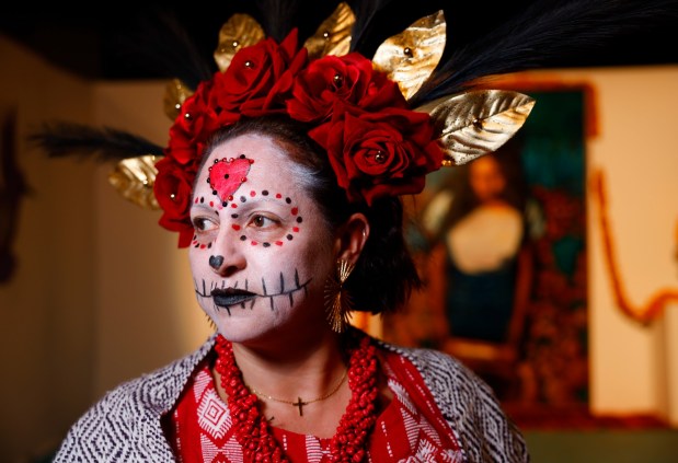 Liz Ortiz participated in the Centro Cultural de la Raza's Día de Muertos procession on Nov. 2, 2025 in San Diego, CA. (K.C. Alfred / The San Diego Union-Tribune)