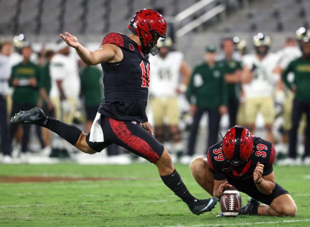 San Diego State kicker Gabe Plascencia kicks a field goal for an extra point in the second quarter against Colorado State at Snapdragon Stadium in San Diego on Friday, Oct. 03, 2025. (Hayne Palmour IV / For The San Diego Union-Tribune)