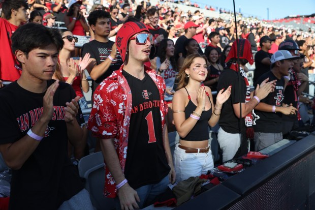 Students cheer for the Aztecs as they play against Wyoming at Snapdragon Stadium in San Diego on Saturday, Nov. 01, 2025. (Hayne Palmour IV / For The San Diego Union-Tribune)