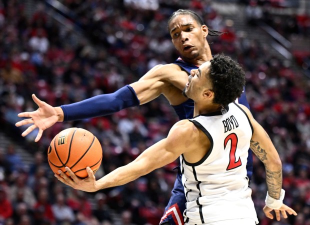 San Diego State guard Nick Boyd (2) tries to shoot past Fresno State forward Elijah Price (3) Feb., 18, 2025 in San Diego, Calif. (Photo by Denis Poroy)