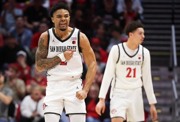 San Diego State guard Nick Boyd reacts after a 3-pointer against New Mexico during their game at Viejas Arena on Tuesday, Feb. 25, 2025 in San Diego, CA. The home (Meg McLaughlin / The San Diego Union-Tribune)
