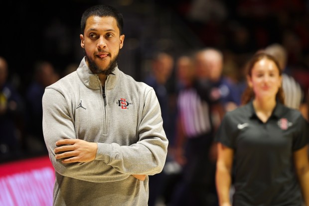 SDSU graduate assistant Shane Geschwind regularly runs individual workouts with players at all hours of the day at the JAM Center practice facility. (Meg McLaughlin / The San Diego Union-Tribune)
