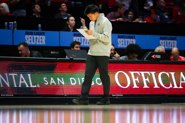 SDSU graduate assistant Ryan Noriega is responsible for breaking down film and opposing personnel scouts. (Meg McLaughlin / The San Diego Union-Tribune)