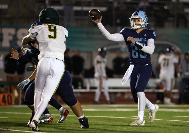 ESCONDIDO, CA - NOVEMBER 22, 2025: Maranatha Christian's quarterback Shane Piester throws a pass against Palo Verde Valley in the first quarter of the CIF Division 5-AA football championship at Escondido High School in Escondido on Saturday, November 22, 2025. (Hayne Palmour IV / For The San Diego Union-Tribune)