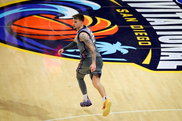 Brock Harding #2 of TCU looks on during the Rady Children's Invitational championship game against Wisconsin at Jenny Craig Pavilion on Friday, Nov. 28, 2025 in San Diego, California. (Meg McLaughlin / The San Diego Union-Tribune)