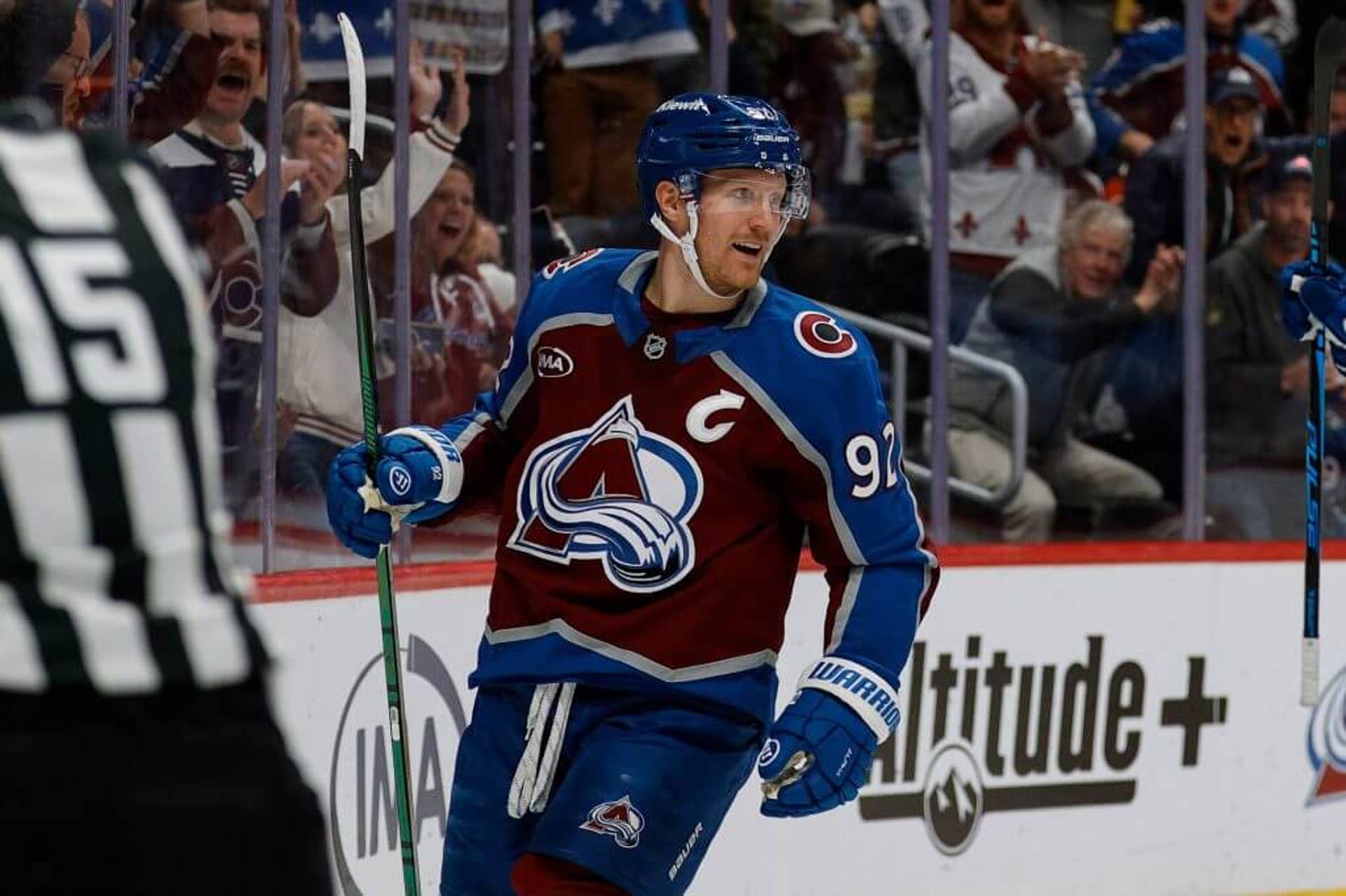 Colorado Avalanche left wing Gabriel Landeskog celebrates after his goal in the second period against the Anaheim Ducks at Ball Arena. Mandatory Credit.