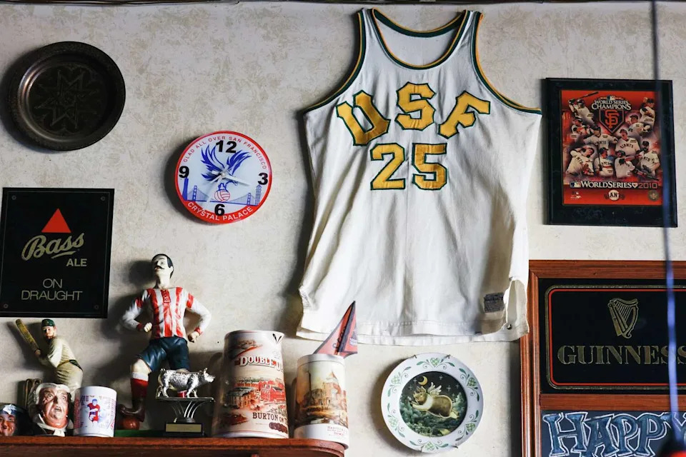 Pub decorations, sports memorabilia, and other ephemera decorate the walls and shelves at the Pig and Whistle. (Lea Suzuki/S.F. Chronicle)