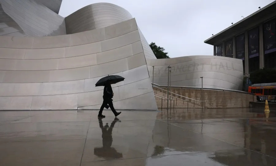 Los Angeles, CA – November 14: Light rain falls outside Disney Hall in downtown Los Angeles on Friday, Nov. 14, 2025 in Los Angeles, CA. (Eric Thayer / Los Angeles Times via Getty Images)