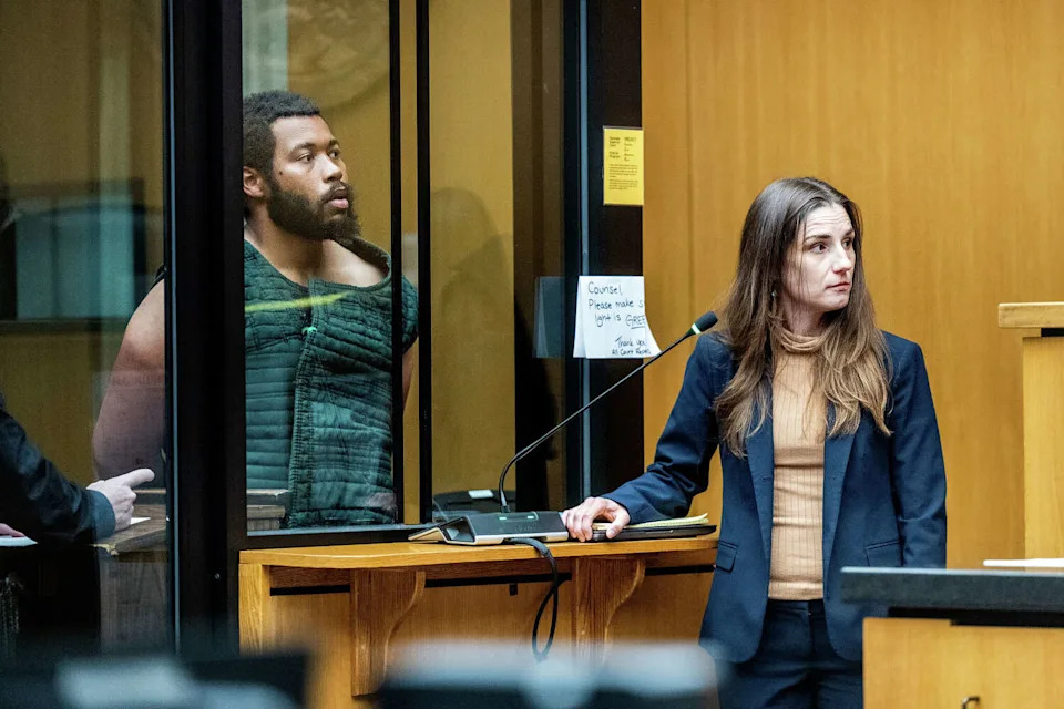 Cedric Irving Jr., charged with murder in the shooting of Laney College coach and athletic director John Beam, makes a court appearance Tuesday, Nov. 18, 2025, in Oakland. (Noah Berger/For the S.F. Chronicle)