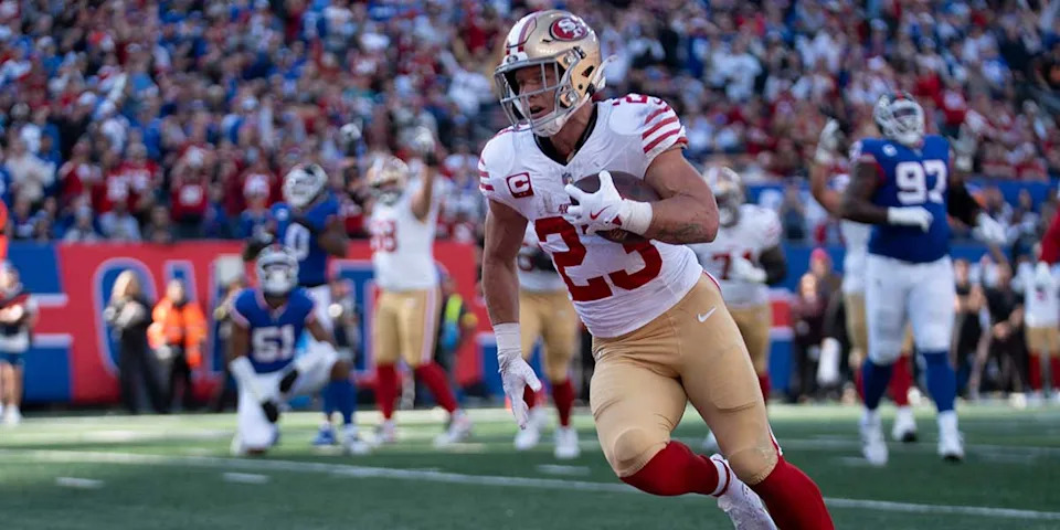 San Francisco 49ers running back Christian McCaffrey (23) scores a touchdown during a week 9 game between New York Giants and San Francisco 49ers at MetLife Stadium on Sunday, Nov. 2, 2025.