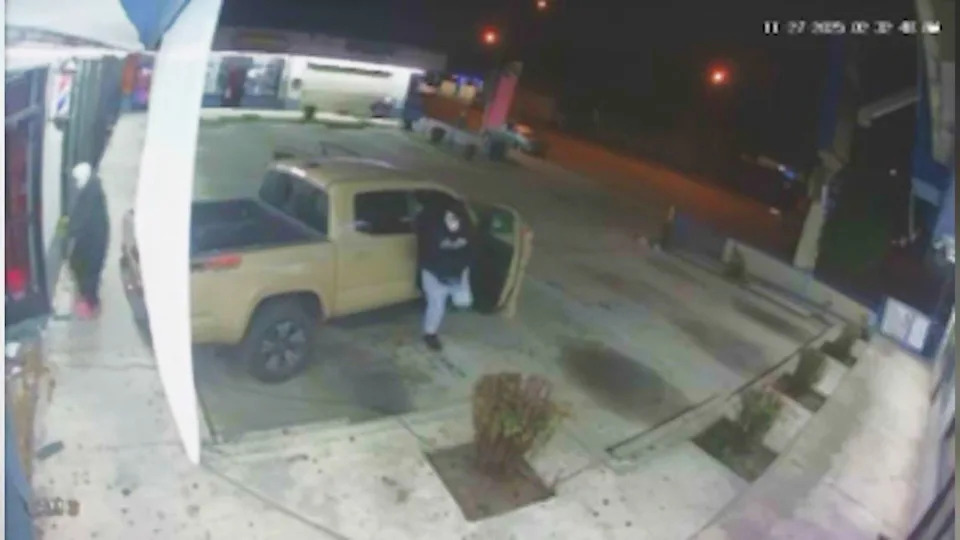 Surveillance video captured three burglars ramming into a South Los Angeles barbershop and escaping with thousands of dollars in cash and equipment along with kidnapping the owner's cat on Nov. 27, 2025. (LA Fresh Cuts)