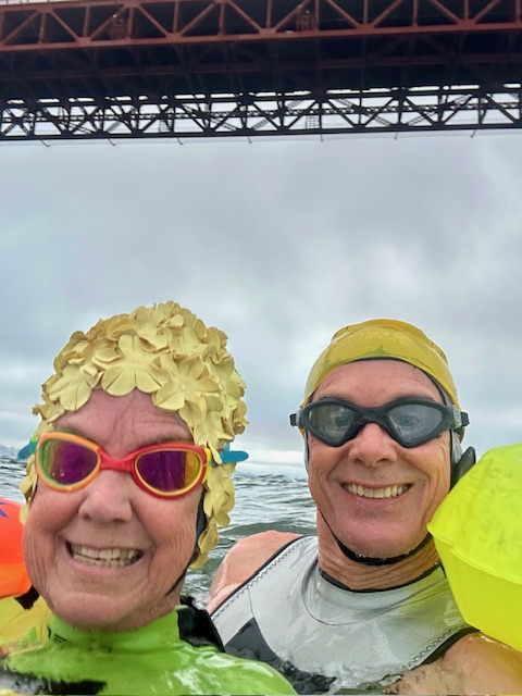 Petaluma's Kathie Hewko, left, and Barton Smith during their Golden Gate Bridge swim in October 2025. (Photo courtesy of Kathie Hewko)