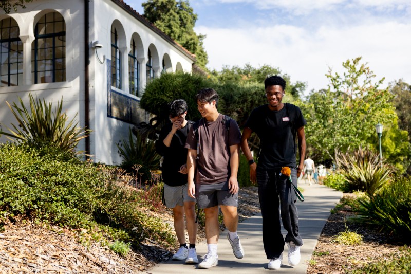 Three students walk together along a path past the Vera M. Long Building on Northeastern’s Oakland campus, surrounded by greenery and bright afternoon light.